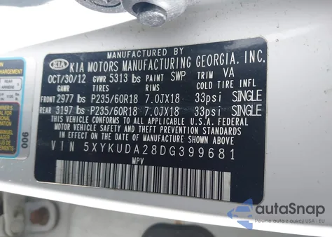 2013 Kia Sorento Ex V6 из США, поврежденный, VIN 5XYKUDA28DG399681